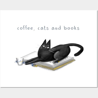 Cartoon black cat on a book and the inscription "Books, cats and coffee". Posters and Art